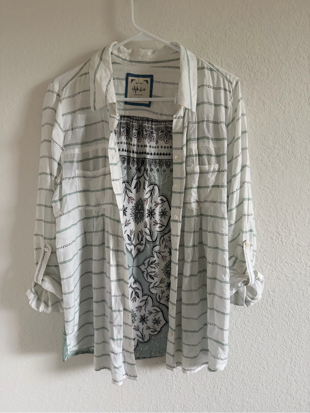 Style & Co. White Button-Down Shirt with Pale Green Stripes